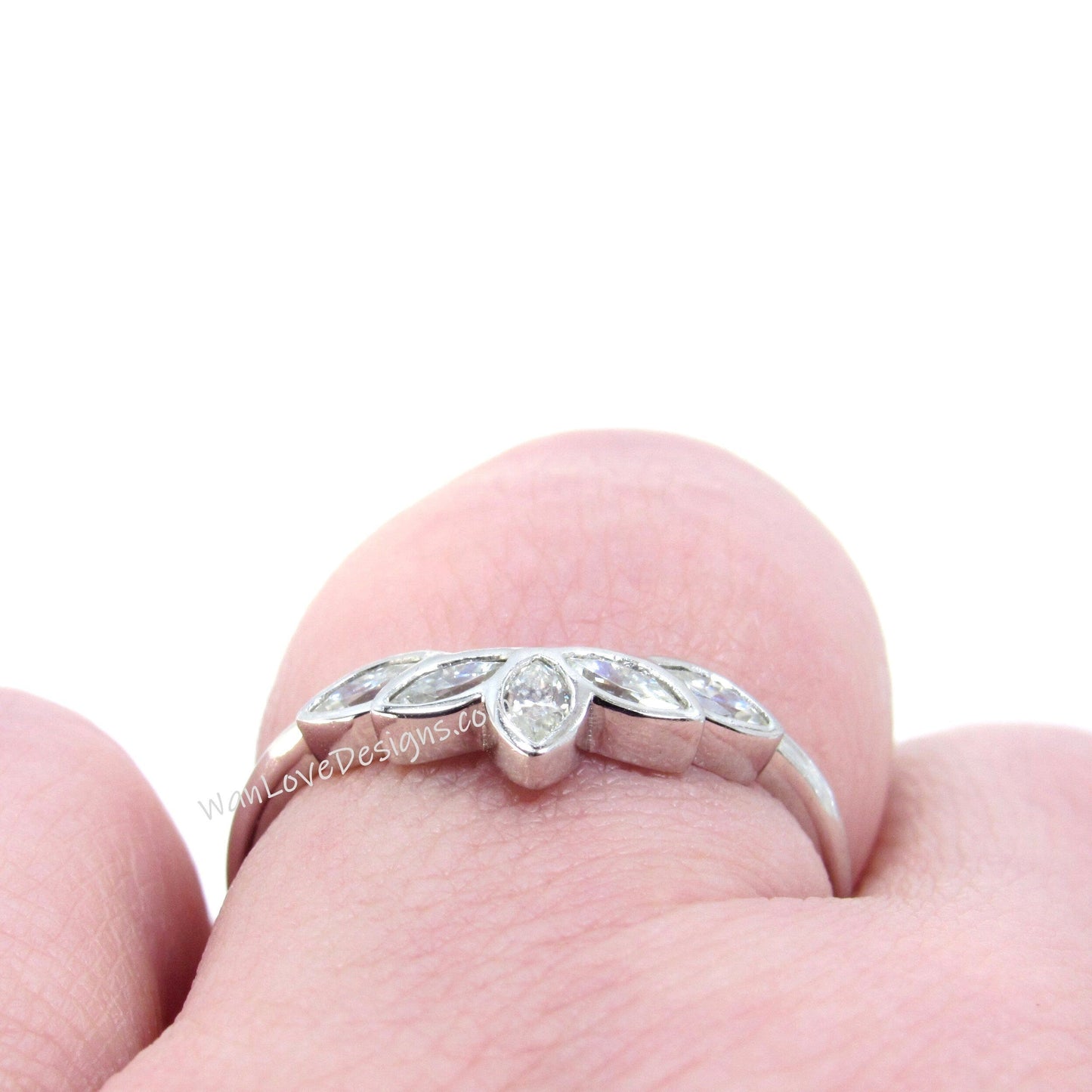 Marquise Moissanite Bezel Leaf band nature leaf moissanite curved Wedding Band Ring Rose White Gold Custom Anniversary Gift Ready to Ship Wan Love Designs