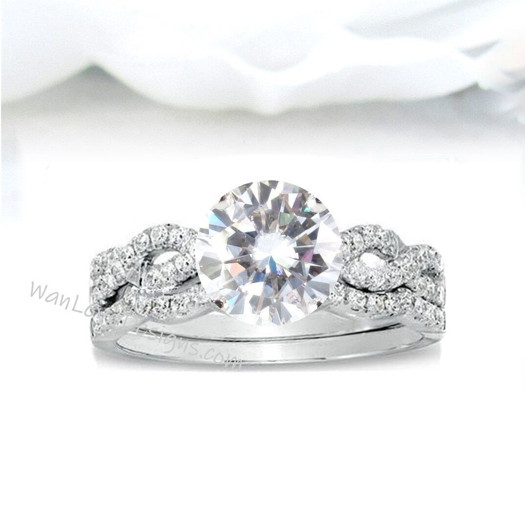 Moissanite Diamond Engagement Ring Set Wedding Band 3/4 Eternity Infinity Twist, Custom,Aniversary Gift,14k 18k White Rose Yellow Gold