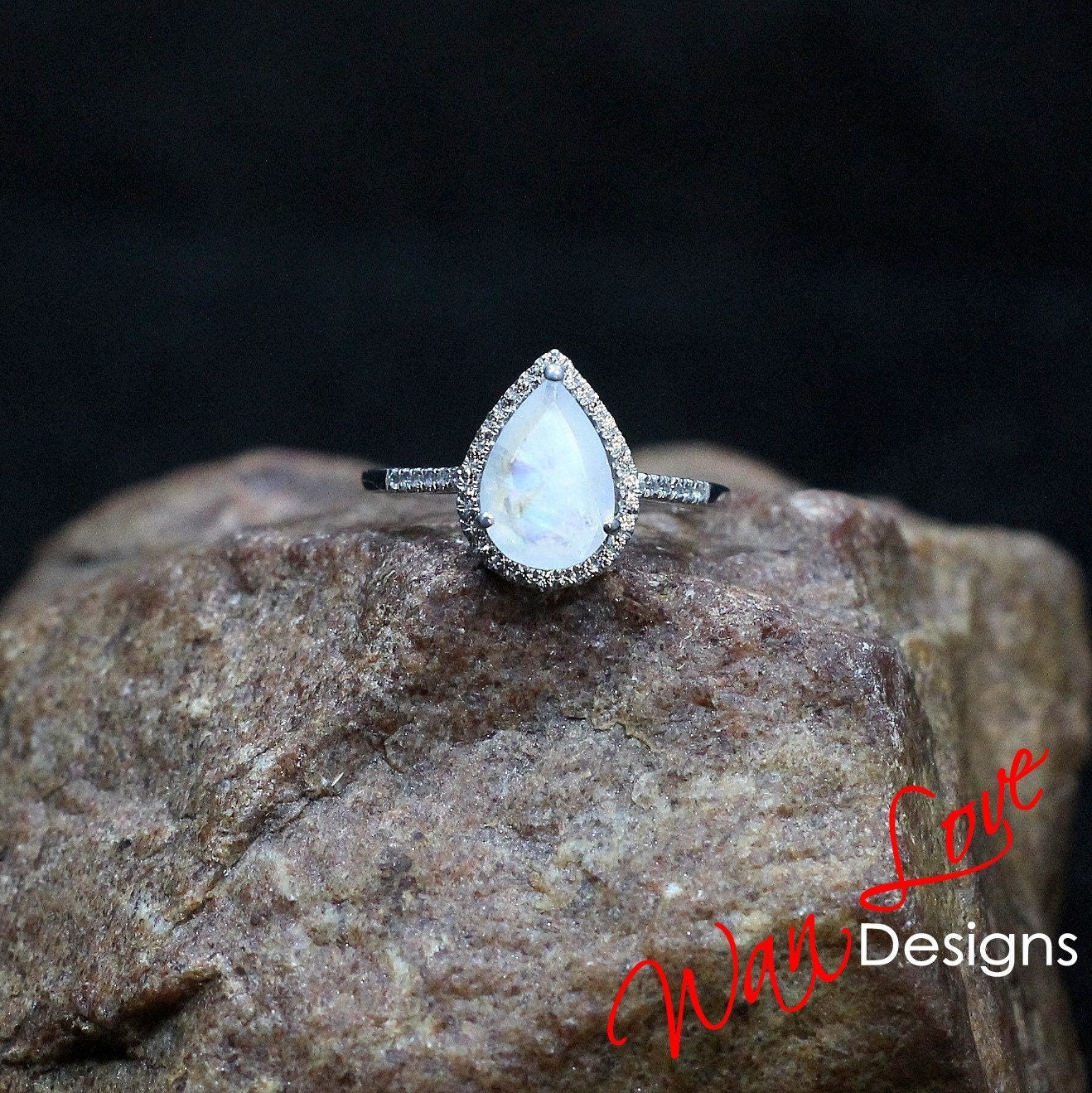 Moonstone & White Sapphire Pear Halo Engagement Ring 2.5ct vintage halo ring bridal Weddin ring promise ring Anniversary Gift-Ready to Ship Wan Love Designs