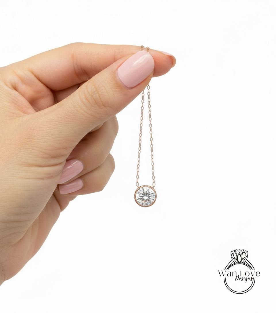Moissanite Milgrain Bezel Round cut Necklace Solitaire Charm Thin Chain, 2ct, 8mm, Custom, Wedding,Aniversary Gift, Commitment-Faster Ship