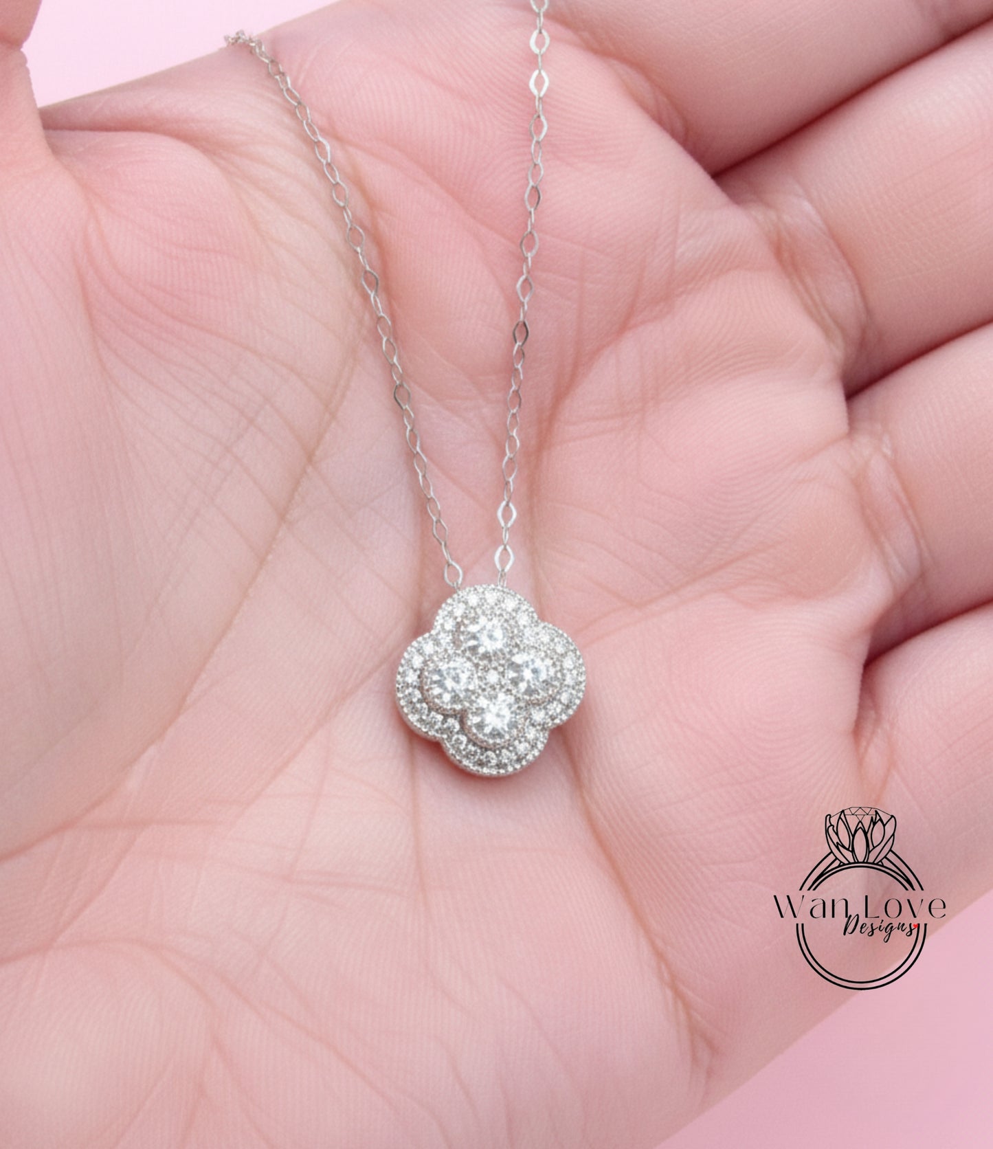 Quatrefoil Halo Moissanite Pendant Necklace Charm with Thin Chain, White Gold, Custom, Wedding, Anniversary Gift, Ready to Ship