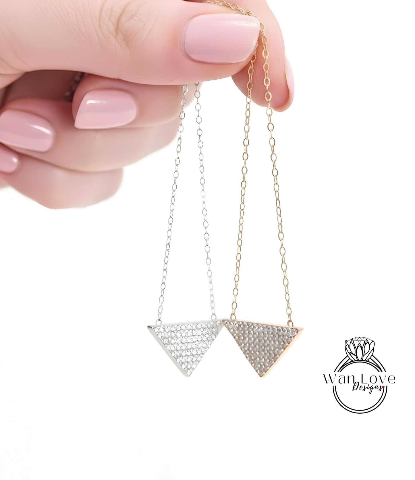 Moissanite Pave Triangle Layering Necklace Charm Art Deco round cut pave moissanite Charm necklace White or Rose Gold dainty chain, Ready