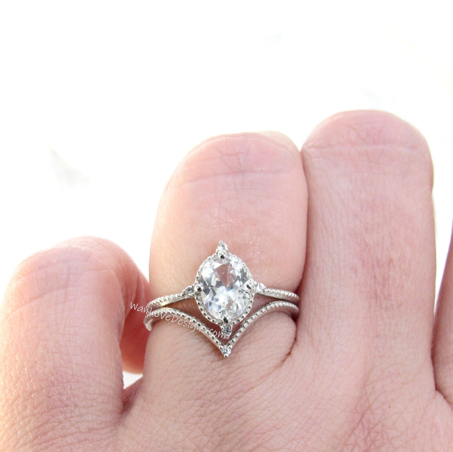 Oval White Sapphire engagement ring set vintage unique white gold engagement ring women Milgrain ring wedding Bridal Promise, Ready to Ship Wan Love Designs