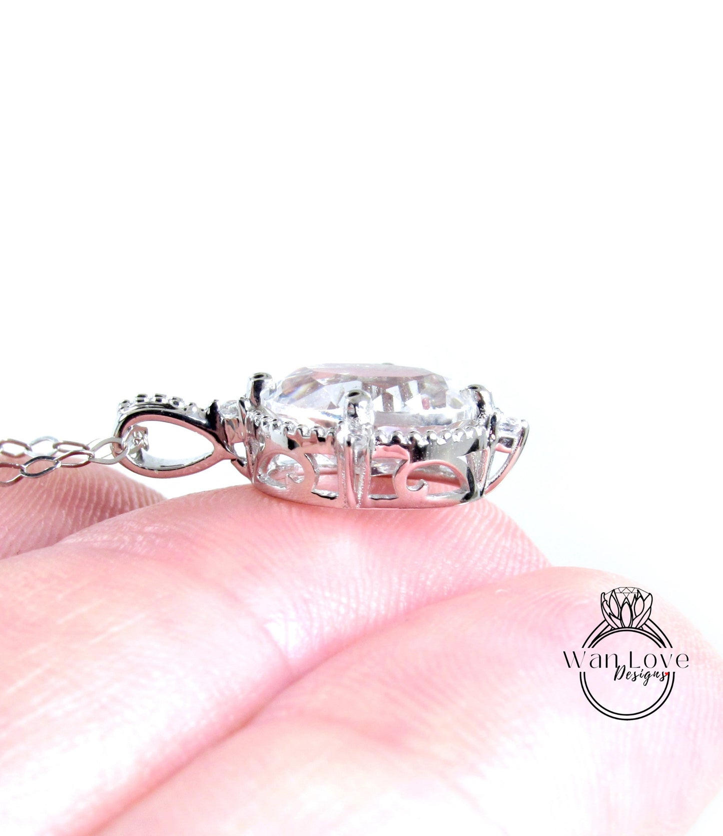 Vintage oval cut White Sapphire pendant white gold milgrain necklace charm cluster necklace compass prong art deco pendant promise necklace