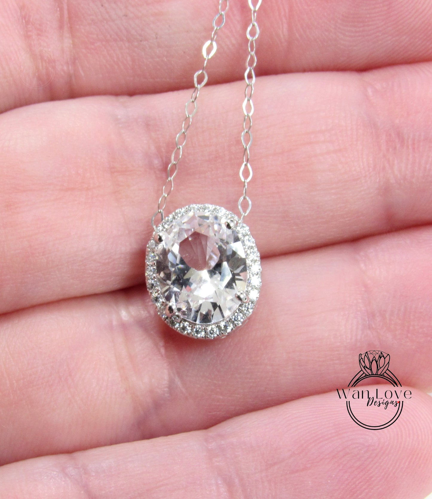 White Sapphire East West necklace 4ct Vertical Oval Halo Pendant Necklace white gold oval halo Charm chain Anniversary wedding gift for her