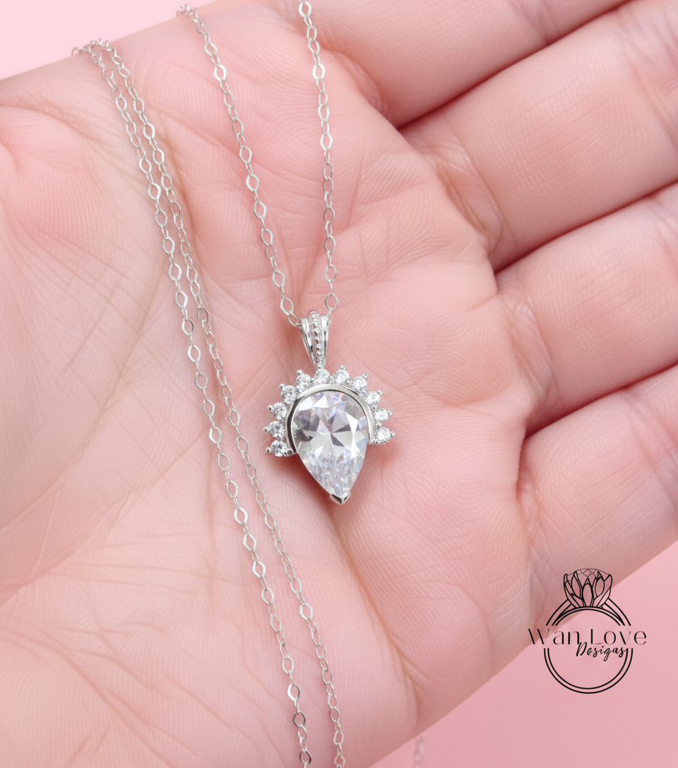 2ct Half Halo Pear Necklace - White Gold Pear Necklace Charm - Vintage style Necklace - White Gold Chain - Wedding Jewelry - Ready to Ship