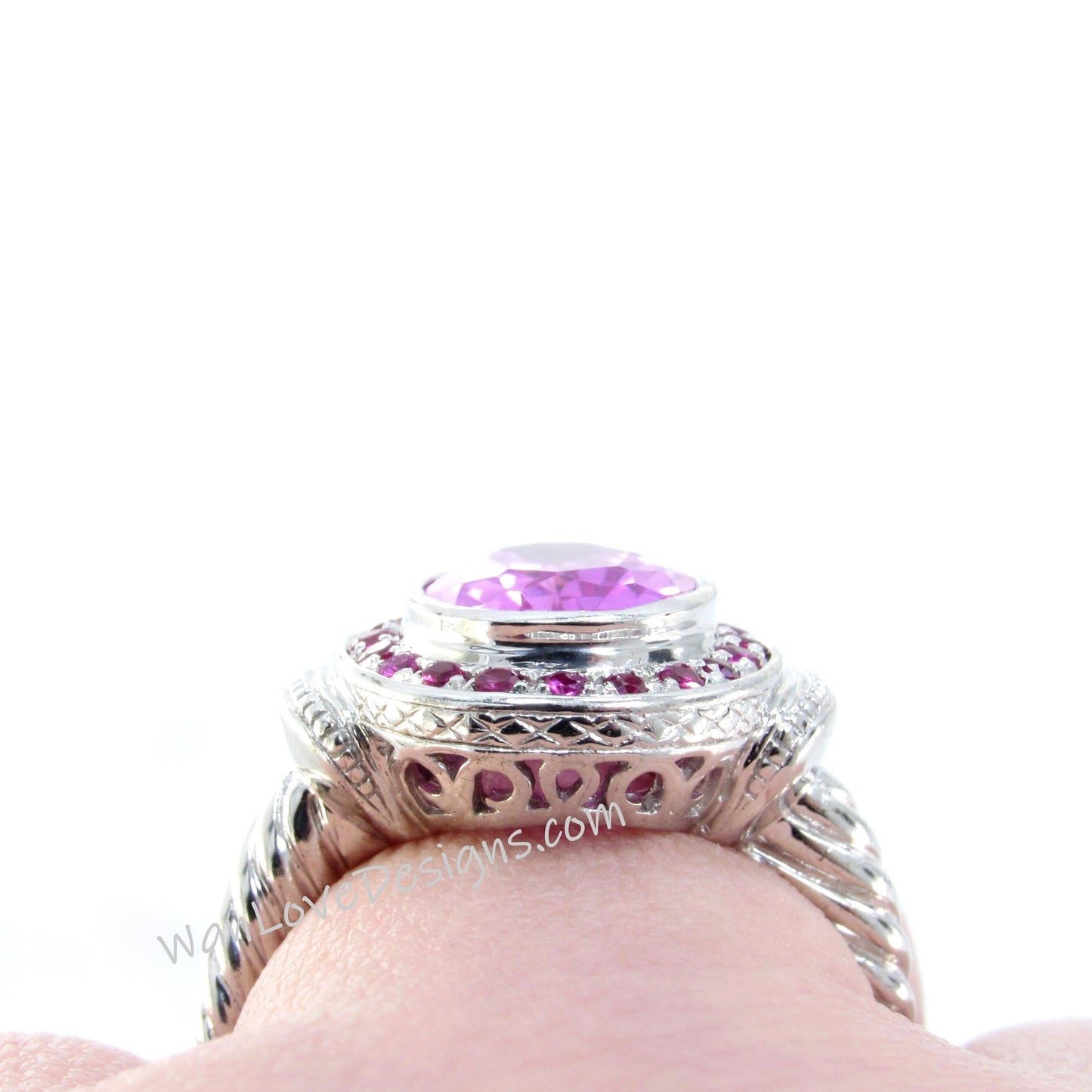 Pink Sapphire & Ruby Oval Halo Bezel Set Engagement Ring Ruby Halo Ring 4ct 10x8mm bridal Wedding Anniversary promise ring-Ready to ship Wan Love Designs