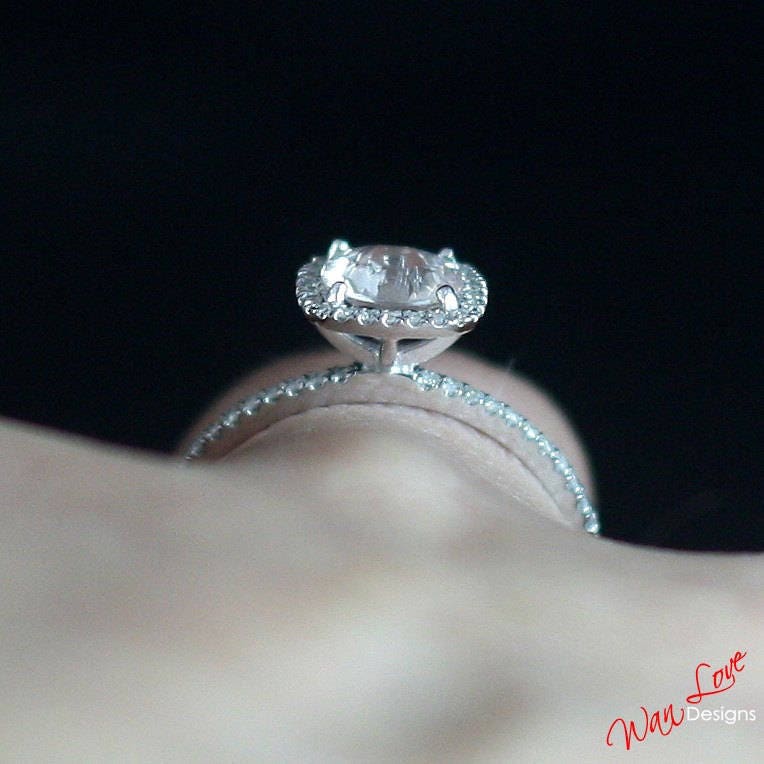 Ready to Ship 6mm Round Morganite and Diamonds Cushion Halo Engagement Ring Wan Love Designs