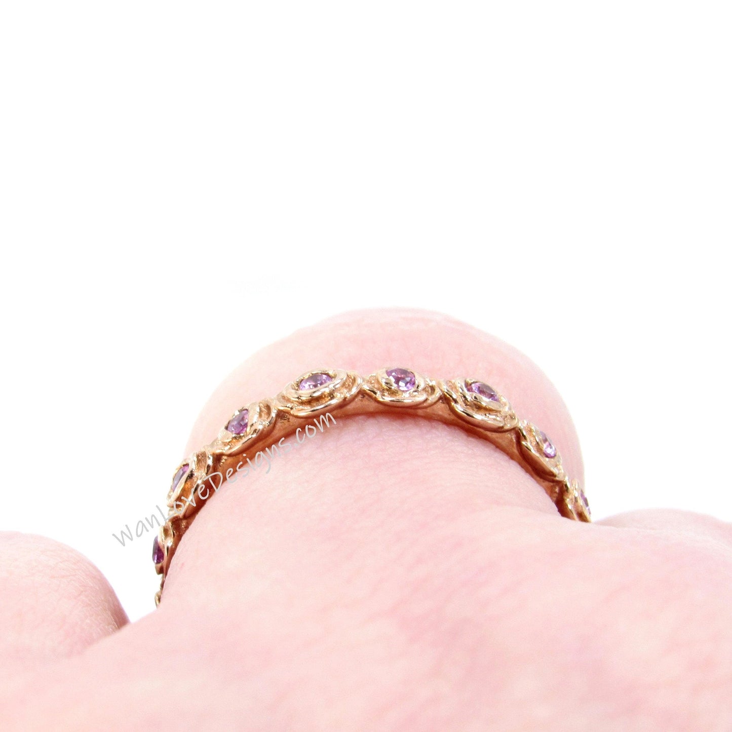 Rose Gold Pink Sapphire Wedding Band Women vintage Rose bridal band leaf flower wedding ring floral ring anniversary band, Ready to Ship Wan Love Designs