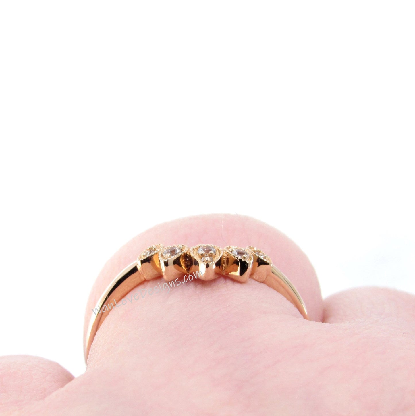 Rose Gold White Sapphire Wedding Band Women vintage curved wedding ring bridal band leaf pear milgrain ring anniversary band-Ready to Ship Wan Love Designs