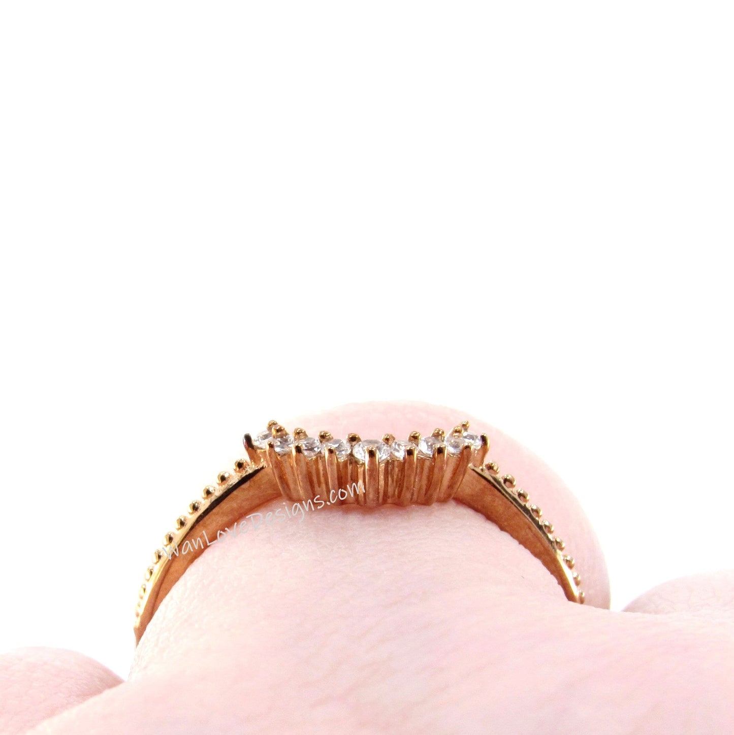 Rose Gold White Sapphire band Curved milgrain wedding band Filigree Milgrain Half Eternity Wedding Band Ring Anniversary her wedding jewelry Wan Love Designs
