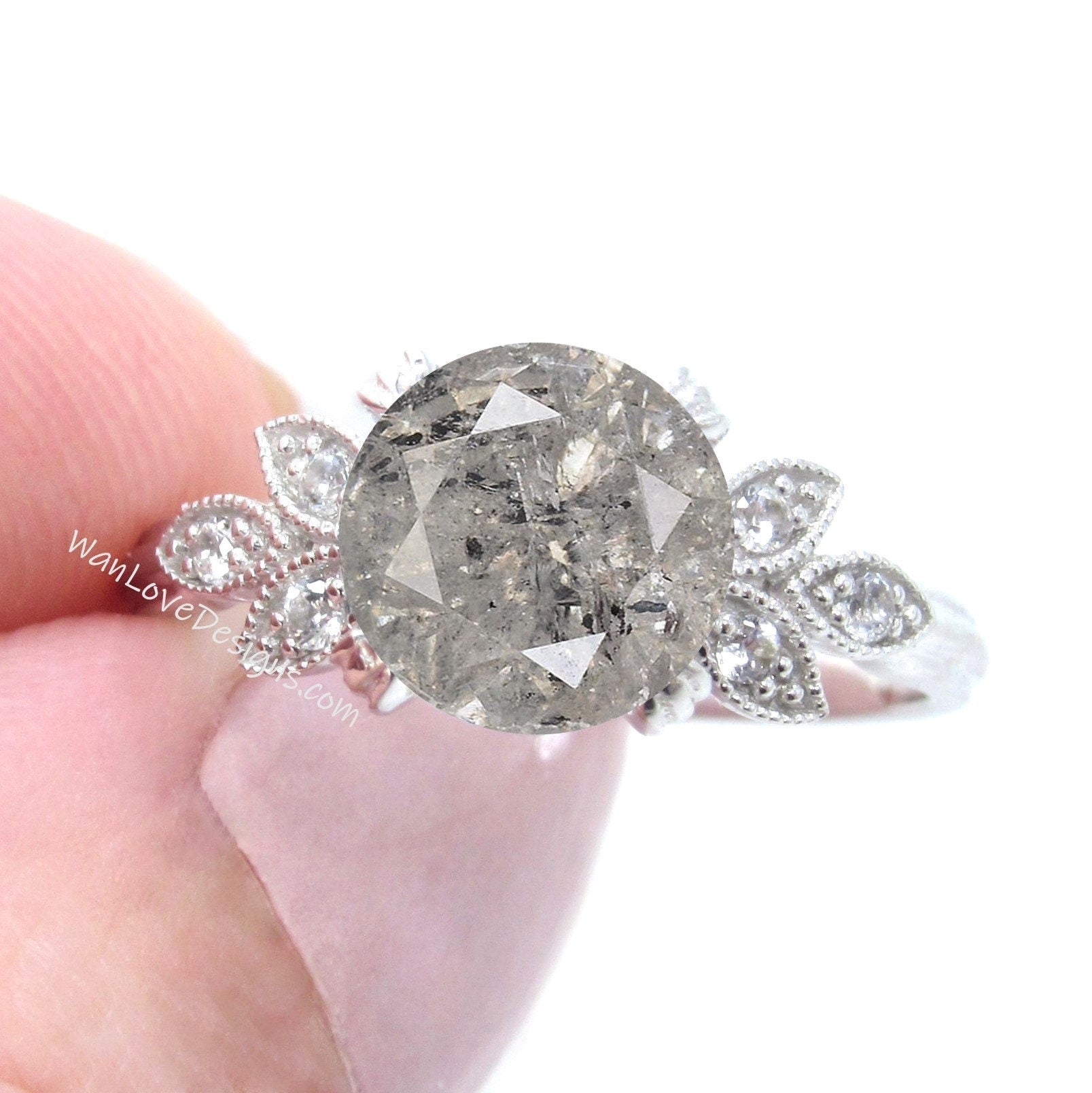 Salt & Pepper Diamond Engagement Ring Milgrain Leaf Nature Antique Vintage  style Custom