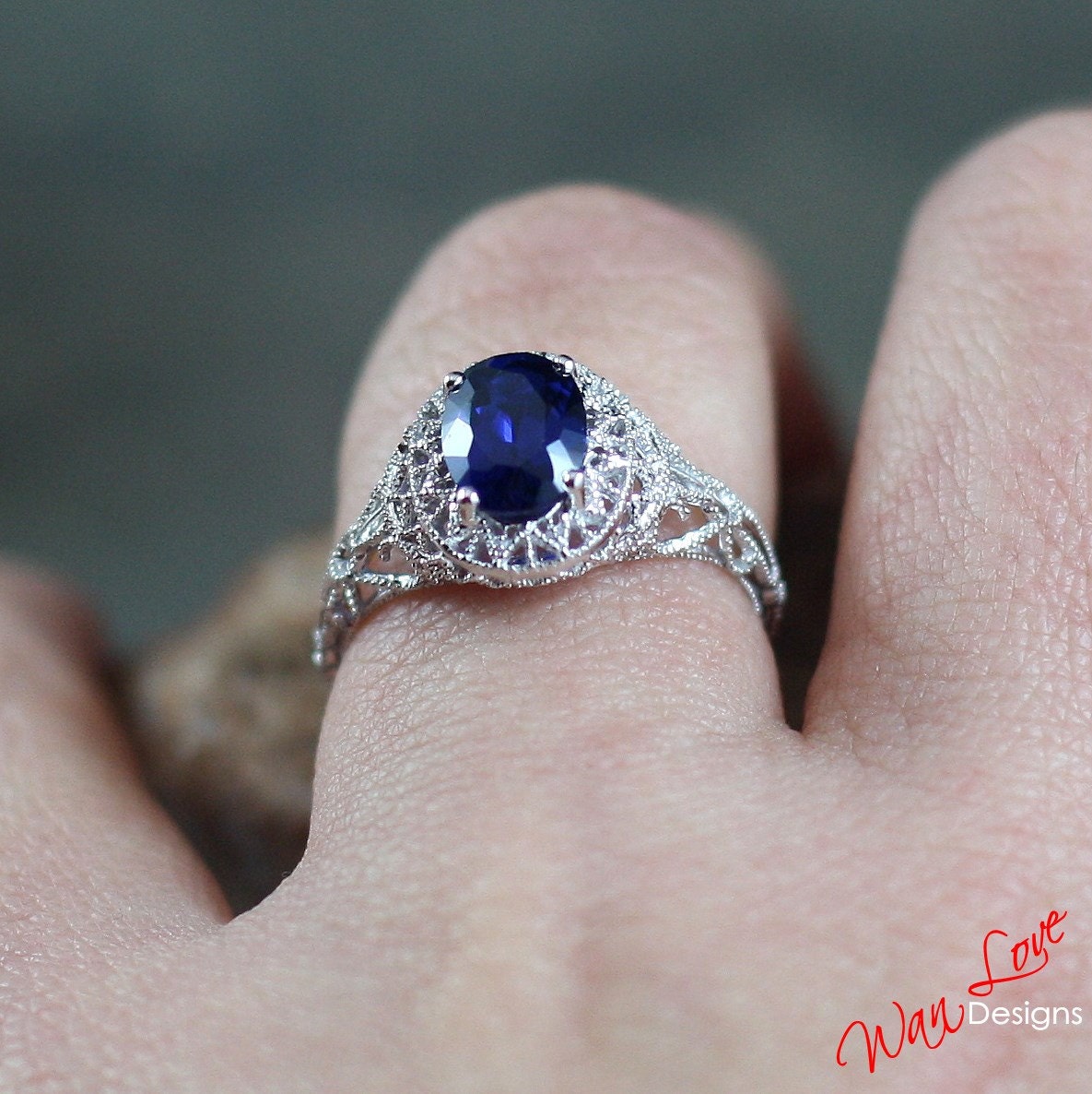 Sample Sale Ready to ship-Blue Spinel Oval Filigree Milgrain Antique Vintage Engagement Ring, 1.5ct, 8x6mm, Wedding, Anniversary Gift Wan Love Designs