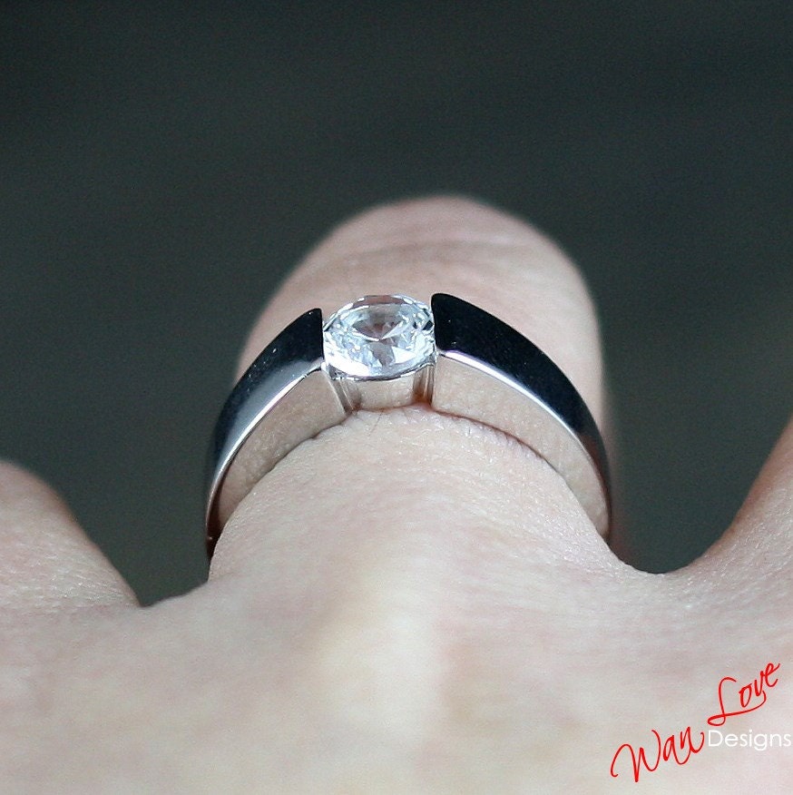 Sample Sale Ready to ship-White Sapphire Channel Tension set Engagement Ring, Solitaire, Thick band, 1ct, 6mm, Silver Rhodium Wan Love Designs