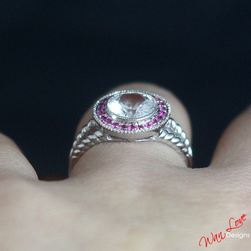 Unique White Sapphire Rub engagement ring Milgrain Round Bezel Halo ring Twisted art deco wedding Bridal ring Anniversary promise-Ready Wan Love Designs