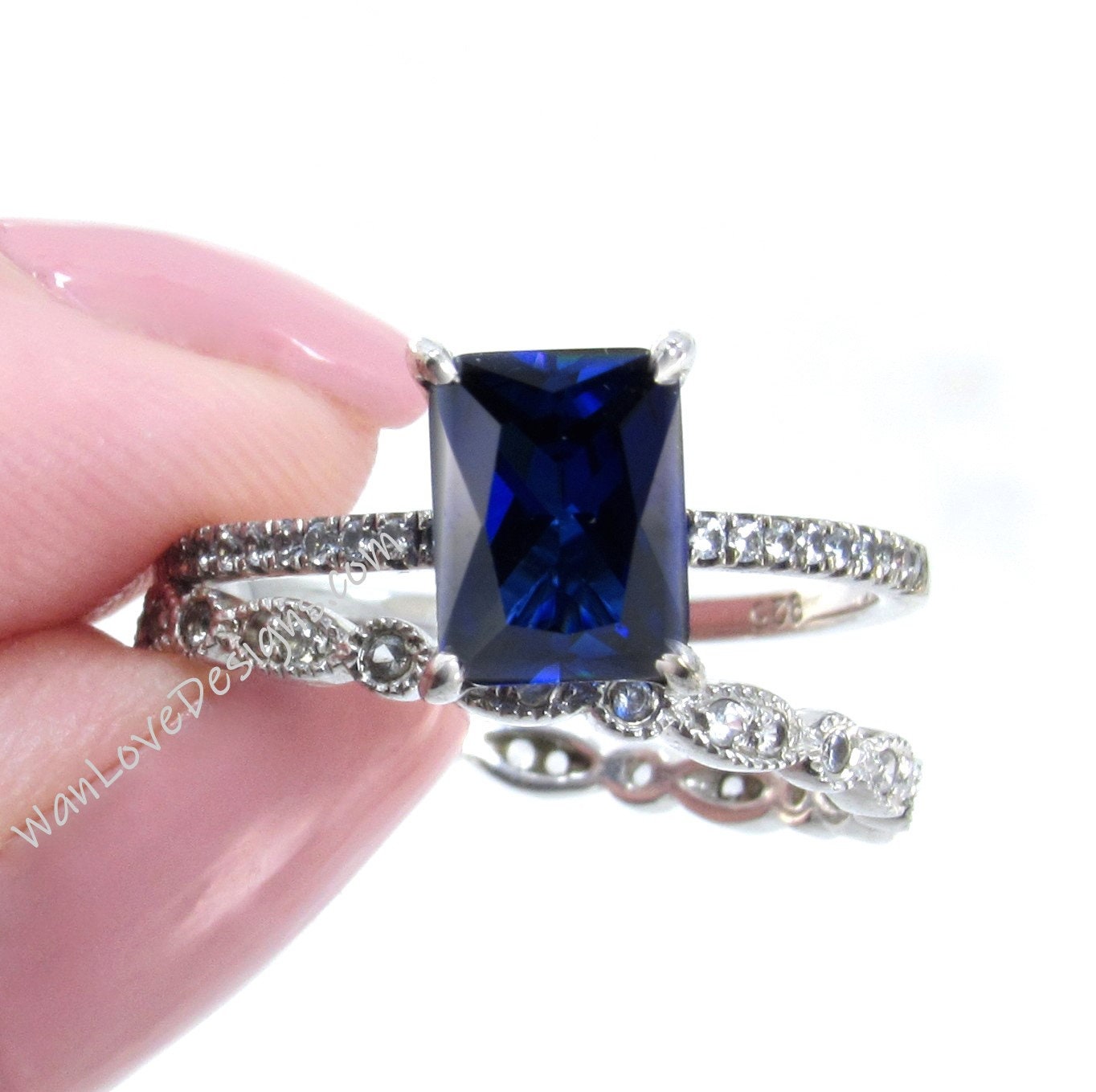 Vintage Bridal Set/ Art Deco 2CT Emerald Cut Blue White Sapphire Wedding Sets/ Scalloped Sapphire Wedding Rings/ Ready to Ship Ring set Wan Love Designs