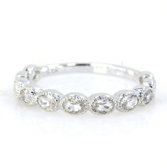 White Sapphire Oval Bezel Milgrain 3/4 Almost Eternity Stackable Wedding Band Ring White Gold Custom Engagement-Ready to Ship