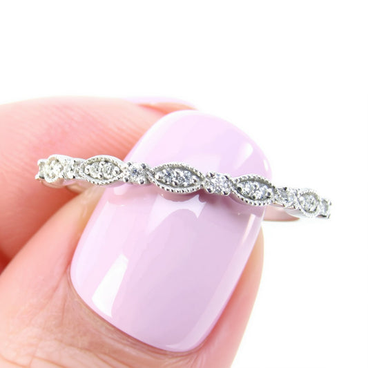 Vintage Diamond Scalloped Wedding Band in Solid Gold/ Milgrain Platinum Ring, Wedding Anniversary Ring, Promise Ring, Birthstone Ring. Wan Love Designs