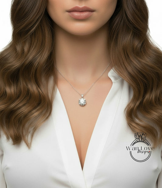 A close-up of a woman's neck and chest area, featuring a necklace with a pendant and a white blouse.