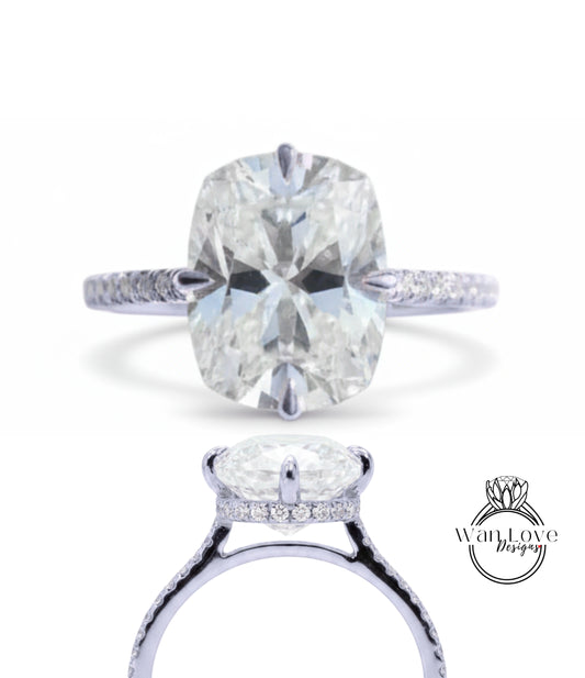 A large, round diamond engagement ring with a halo of smaller diamonds around the center stone.
