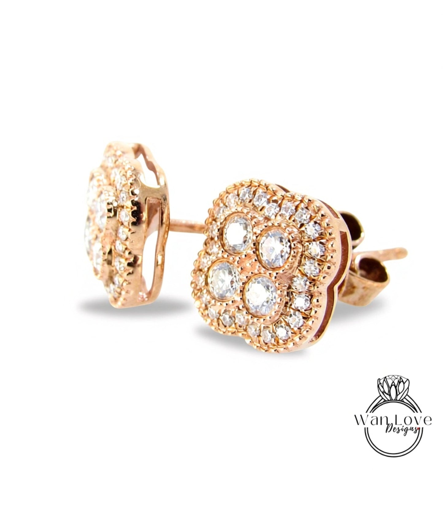 Round Cut Quatrefoil Halo Earrings, Rose Gold Earrings, Bridal Earrings, Wedding Jewelry, Moissanite Studs, Anniversary Gift, Ready to Ship Wan Love Designs