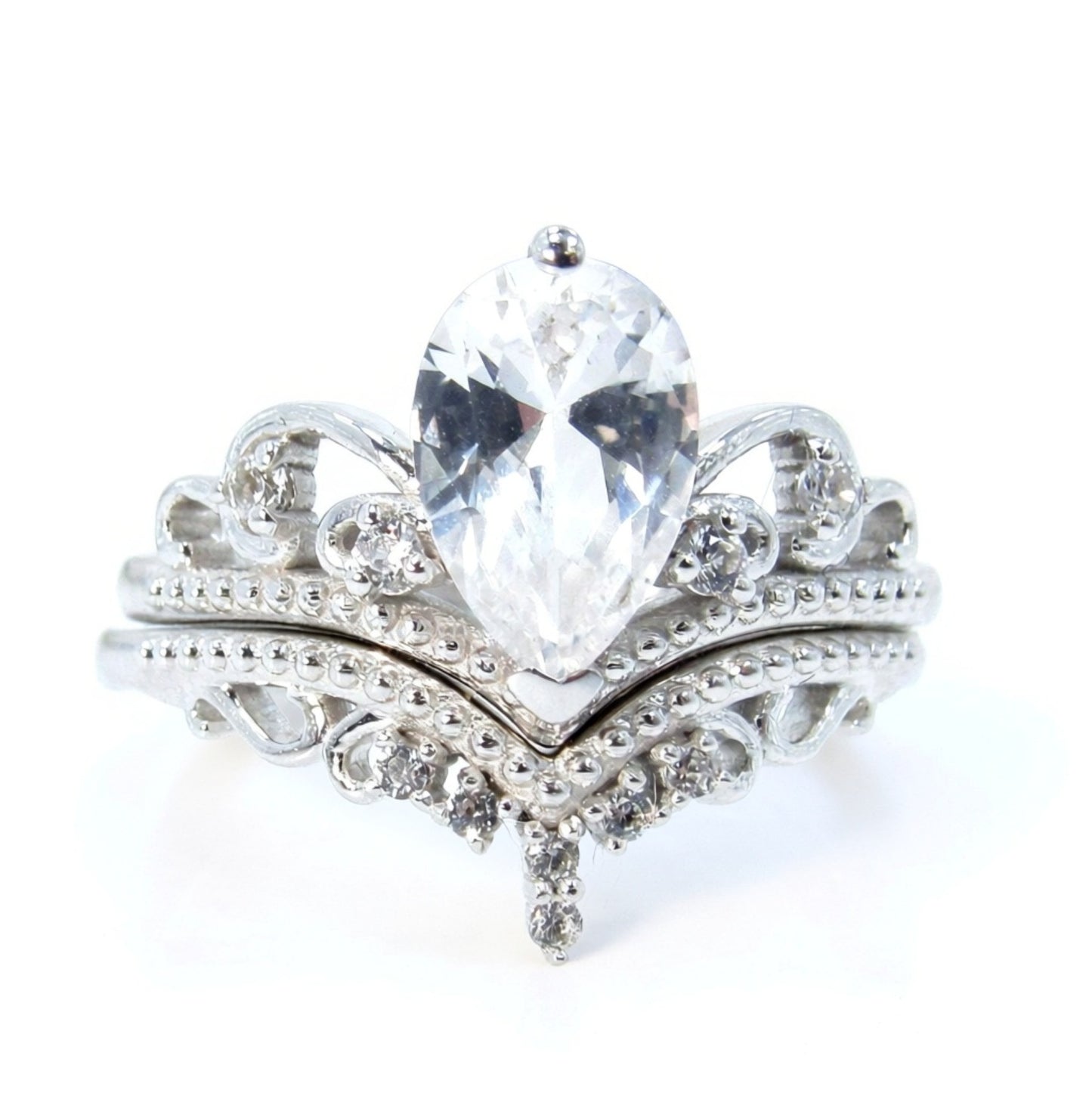 Ready to ship White gold Pear Shape Royal Crown Engagement Ring, Women ring Vintage Pear White Sapphire ring Cluster Curved Band Bridal Set Wan Love Designs