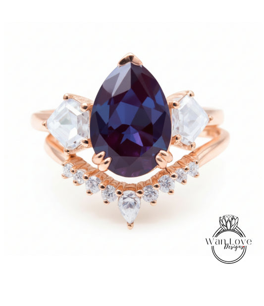 A close-up image of a gold ring with a large blue gemstone at the center, surrounded by smaller diamonds.