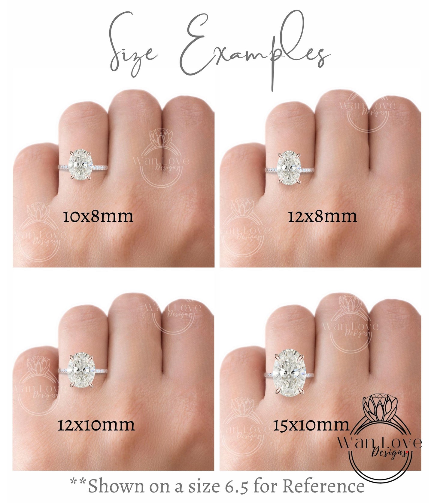 four different sizes of diamond engagement rings on a person's hand, ranging from 10x8mm to 12x10mm.