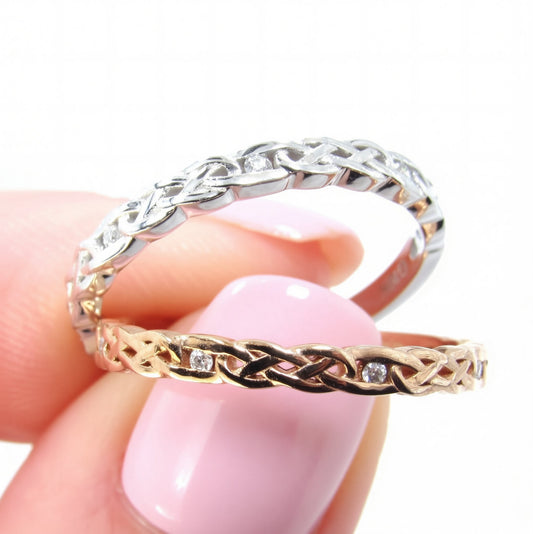 Moissanite Celtic Knot Braided Infinity Twist Split Shank womans Wedding Band Ring Rose or White Gold Custom Anniversary Gift Ready to Ship Wan Love Designs