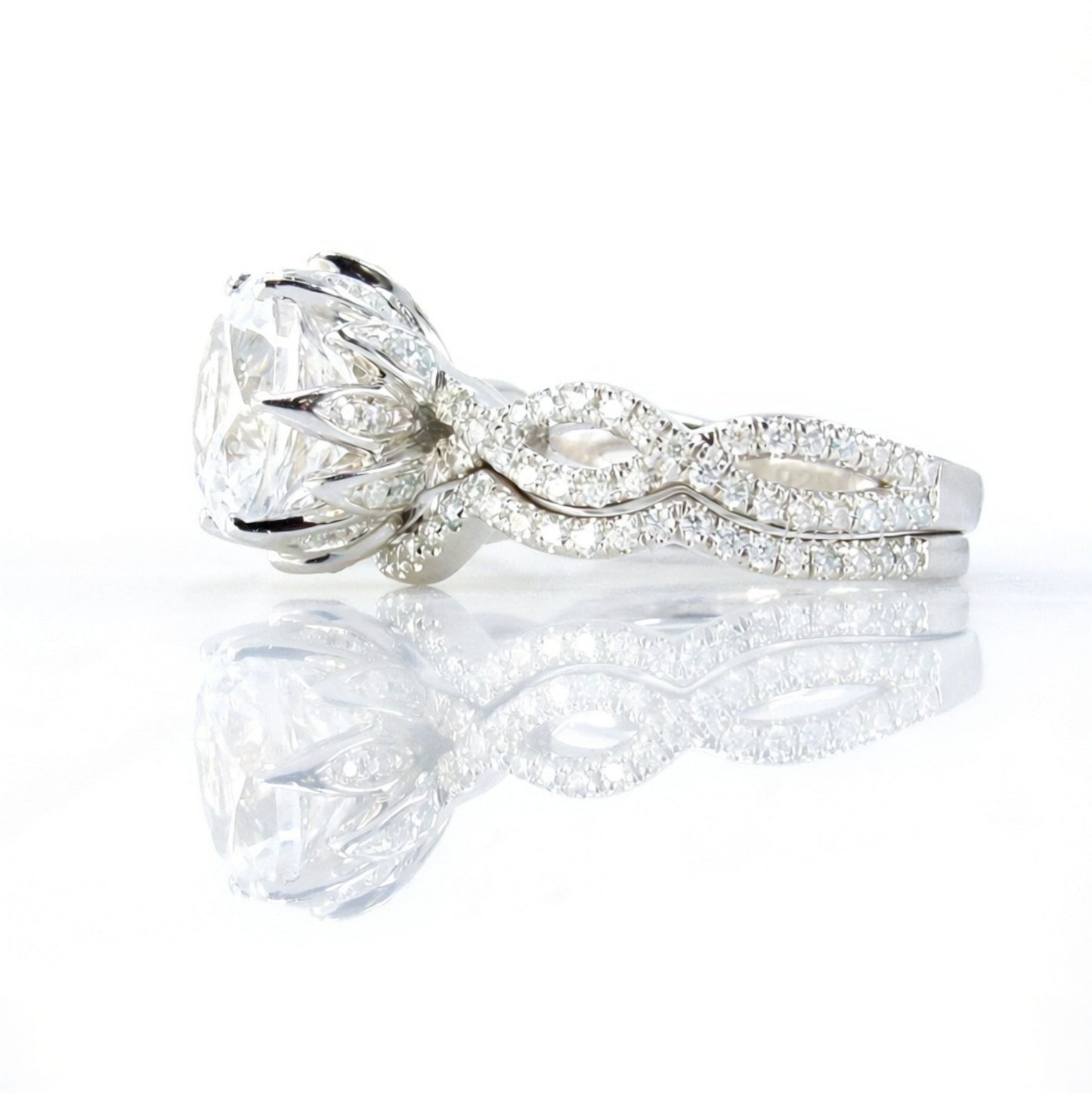 Ready to Ship Lotus Flower White Sapphire & Moissanite Infinity Twist Shank Engagement Ring Set, Nesting Wedding Band, 3ct 9mm Custom, Gift Wan Love Designs