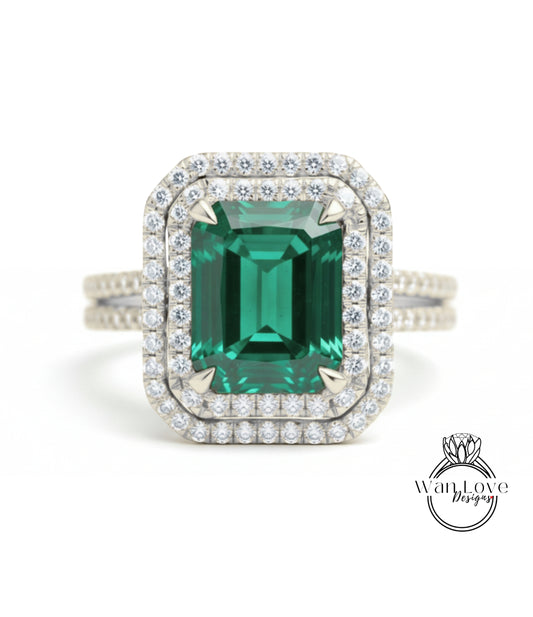 A large, green gemstone set in a diamond-encrusted ring.