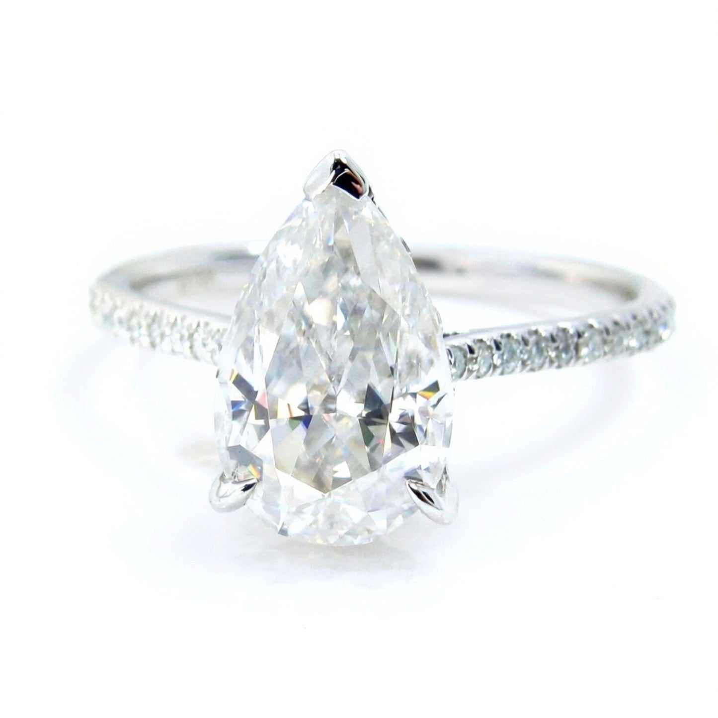 Ready to ship 3ct Moissanite Hidden Side Halo Pear Engagement Ring 14k White Gold, Almost Eternity 3/4 Band Shank, WanLoveDesigns Wan Love Designs