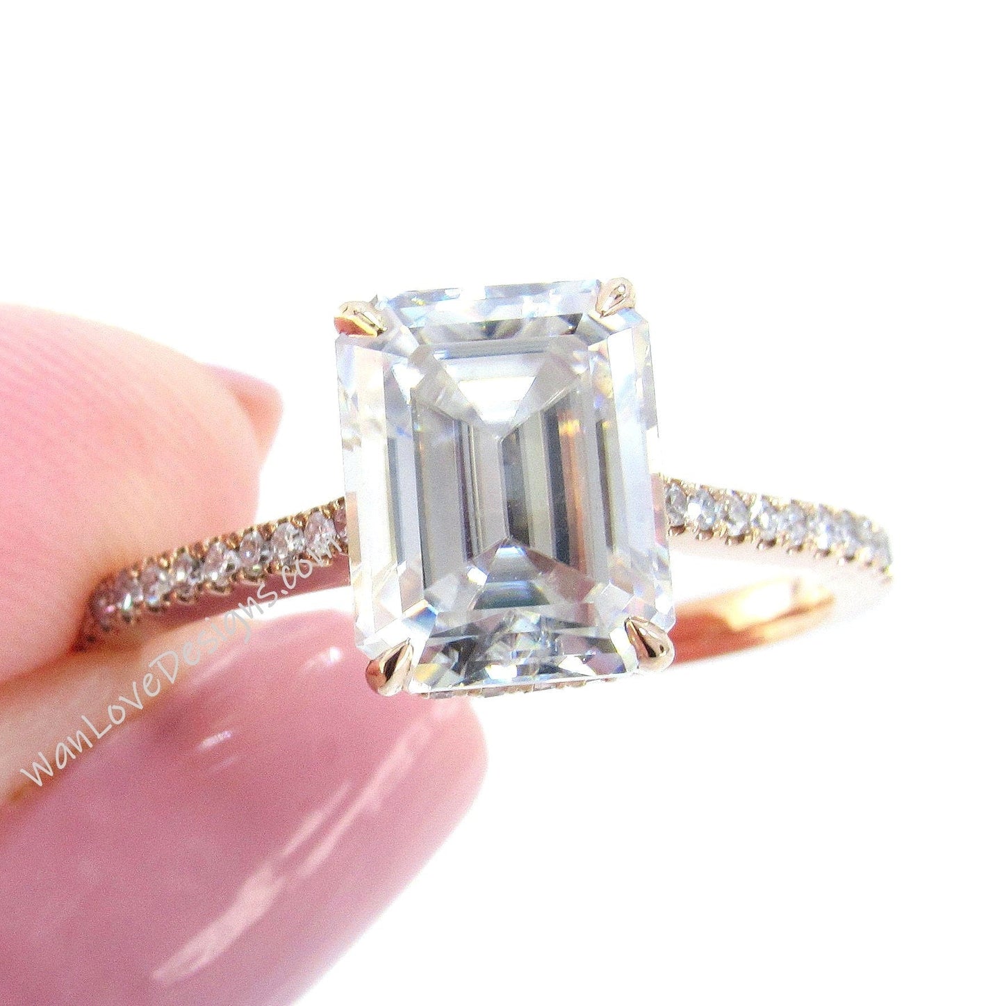 3CT Emerald Cut Moissanite Diamonds Ring, Hidden Halo Ring, Half Eternity Ring, Solid Rose Gold Engagement Ring, Anniversary Ring For Fiancé Wan Love Designs