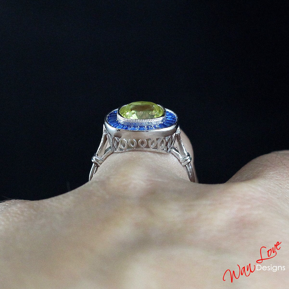 Vintage Yellow & White Sapphire Blue Spinel Engagement Ring antique Milgrain Halo Cushion Bezel Art deco ring 3ct cushion halo bridal ring