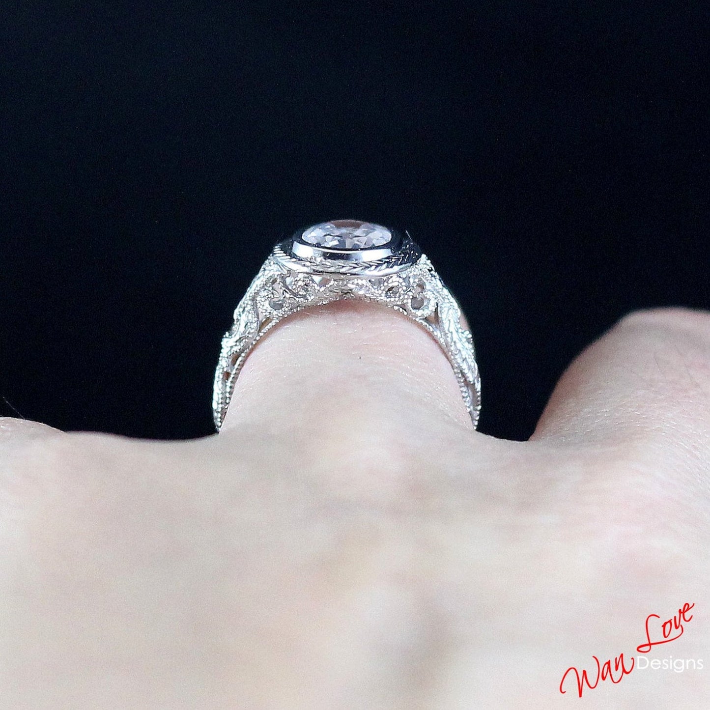 White Sapphire Oval Bezel Filigree Milgrain Solitaire Engagement Ring 3ct 9x7mm Bridal promise ring Wedding Anniversary Gift Ready to ship