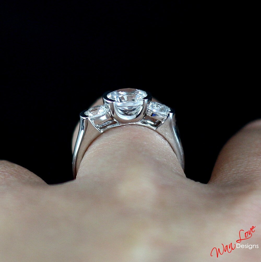 White Sapphire Engraved Shank Band Semi Bezel Round 3 Stone Engagement Ring, 1.5 .75 ct,7mm, 4mm, Silver, 6.5-Ready to Ship