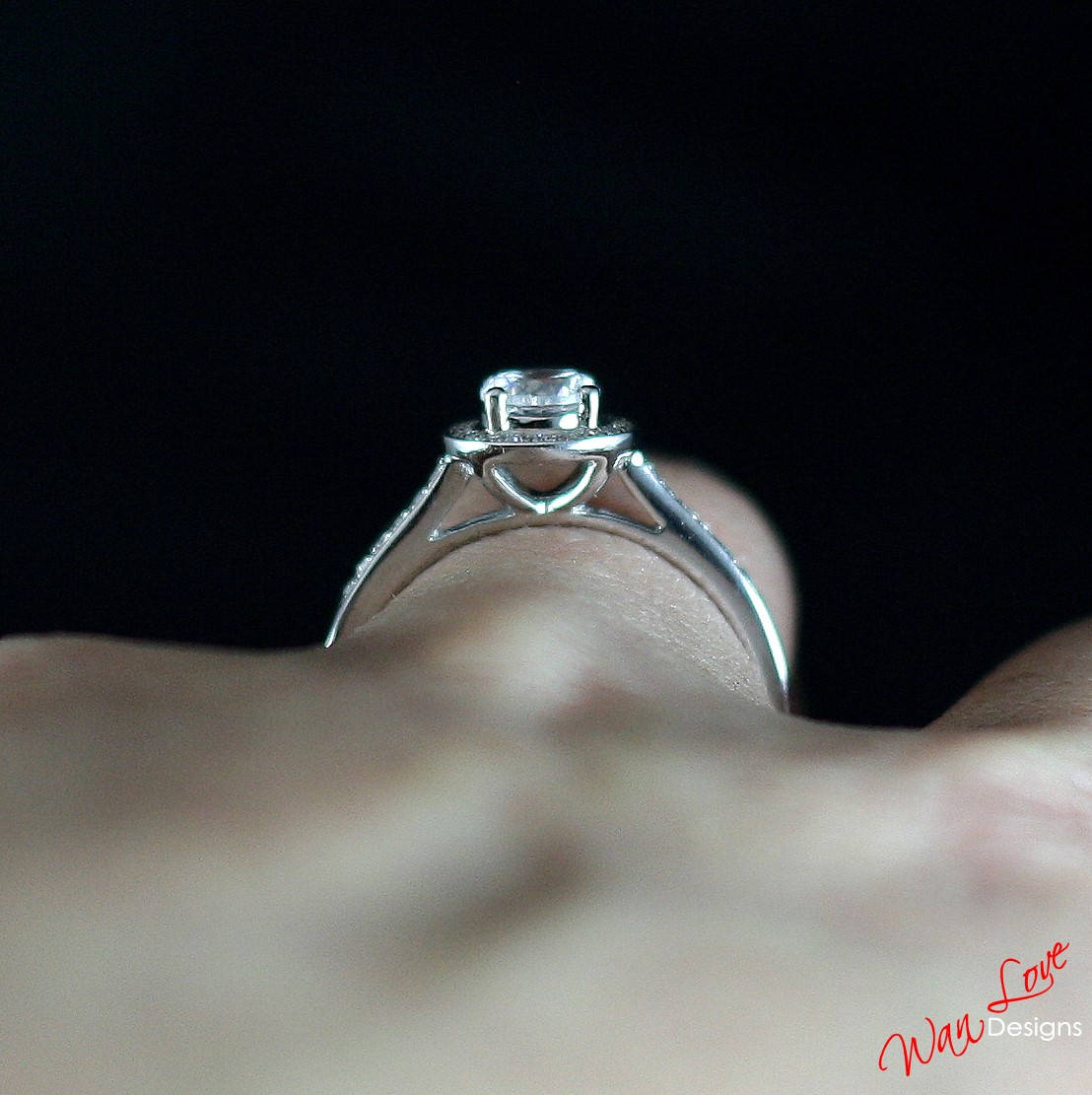 White Sapphire & Diamond Channel set Halo Engagement Ring-Round-.8ct-5mm-925 Silver Rhodium-Custom-Wedding-Anniversary Gift-Ready to Ship