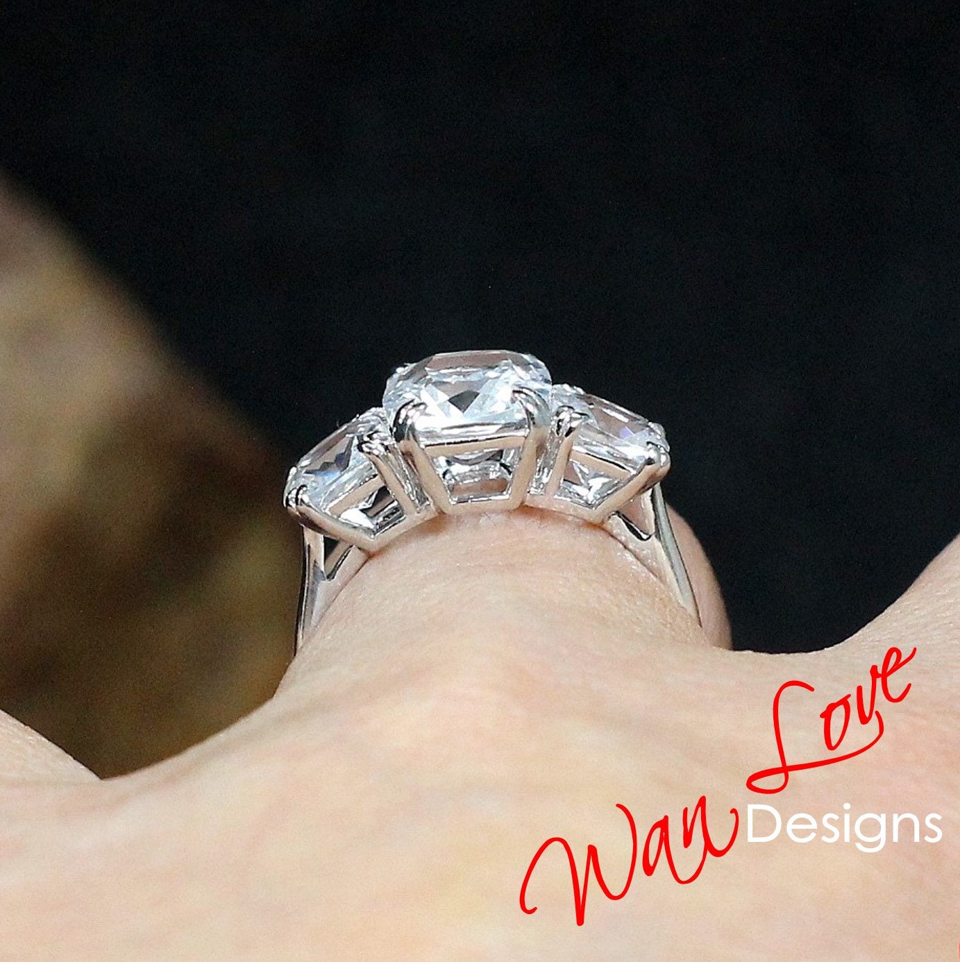 White Sapphire Ring-3 Gem Stone Ring-Elongated Cushion Engagement Ring-Long Cushion vintage Ring-4ct-10x8mm-1.2ct-6mm-Silver-Ready to Ship