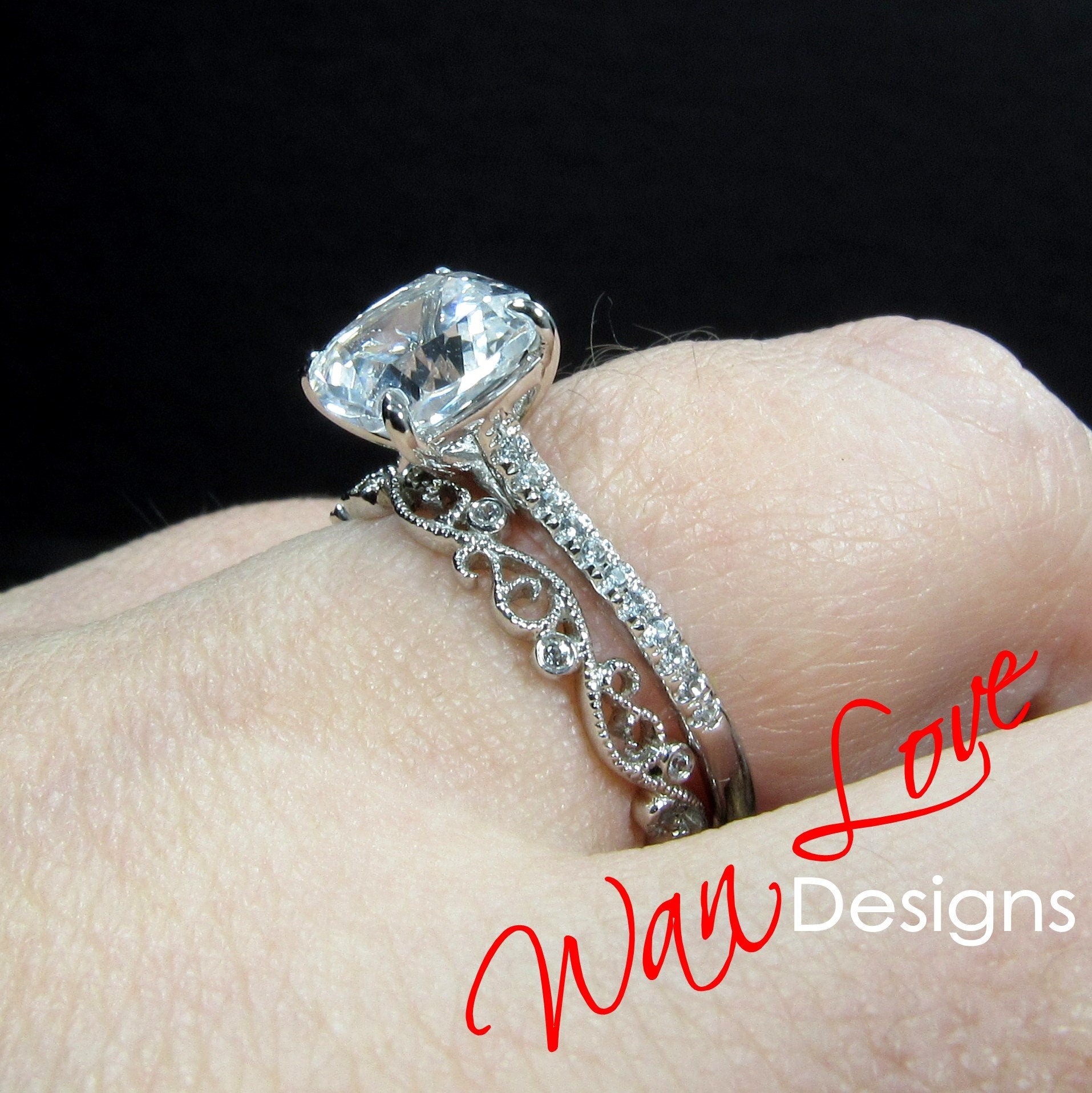 Round newest Diamond Cut Wedding Ring Set, White And Sapphire Diamond Ring Set, Stackable Ring Set, Filigree Style Ring Set, Two Piece Ring Set