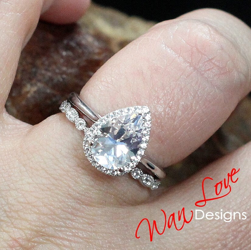 White Sapphire Pear Halo Plain Shank Engagement Ring Set, Milgrain Leaf Wedding Band, Cathedral, 2.5ct, 10x7mm, Custom, Ready to Ship