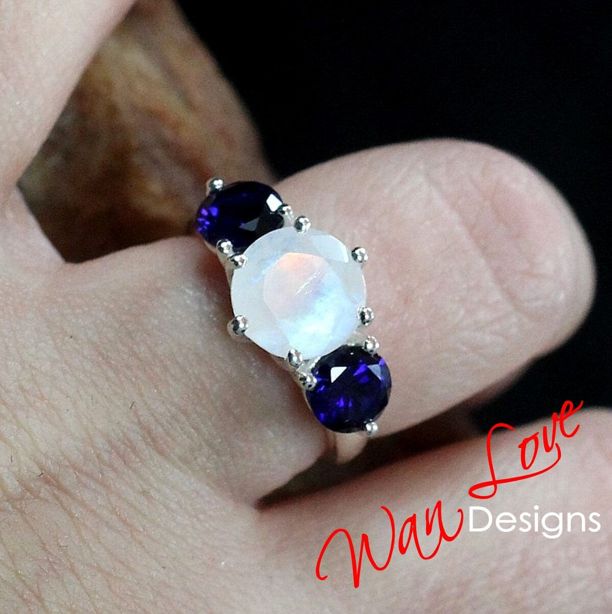 Vintage Round Moonstone three stones engagement ring Antique Blue Sapphire ring unique prong wedding bridal ring anniversary promise ring