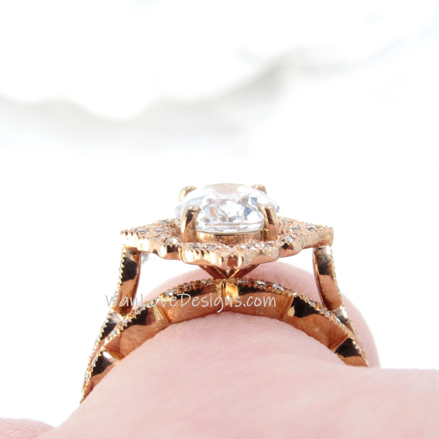 White Sapphire vintage engagement ring set Rose gold moissanite halo ring Antique almost eternity matching wedding band Bridal Promise Ready