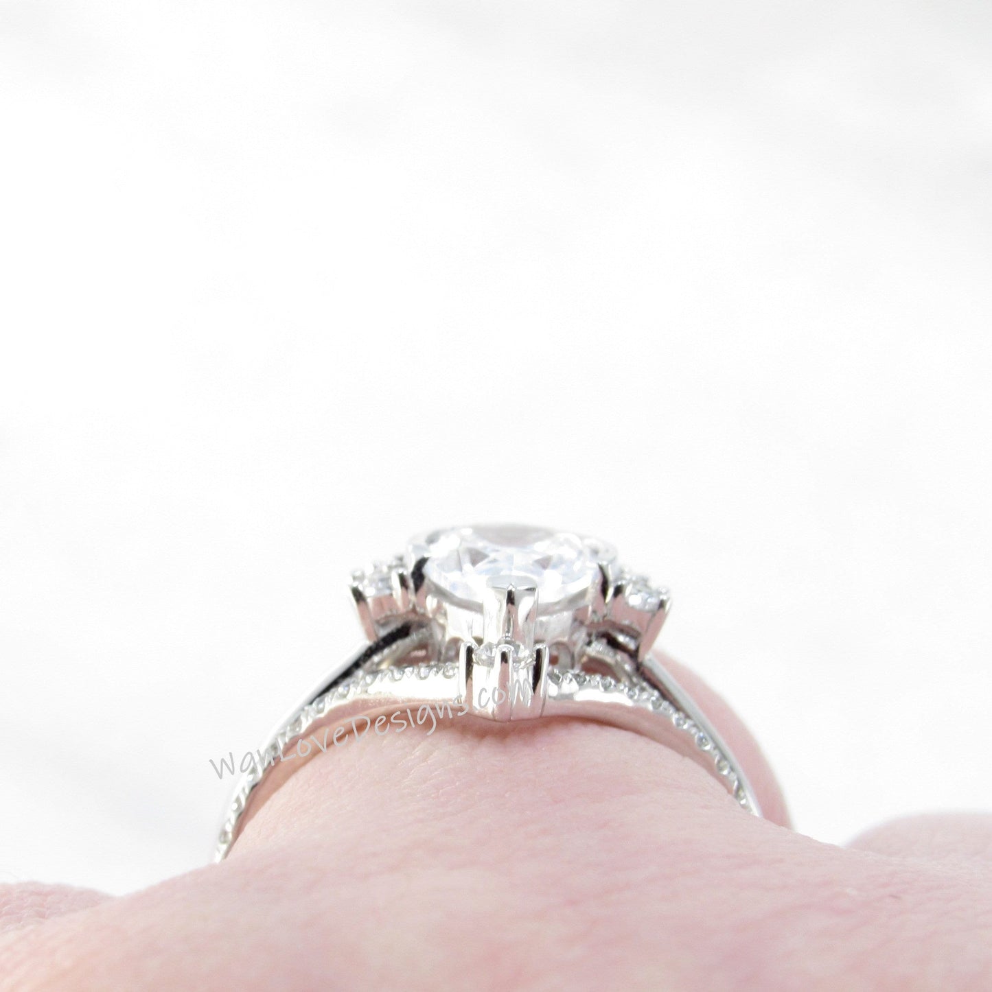 White Sapphire Pear Crown Half Halo Engagement Ring Set V Curved Wedding Band Semi Bezel 1.5ct White Gold bridal ring set-Ready to Ship