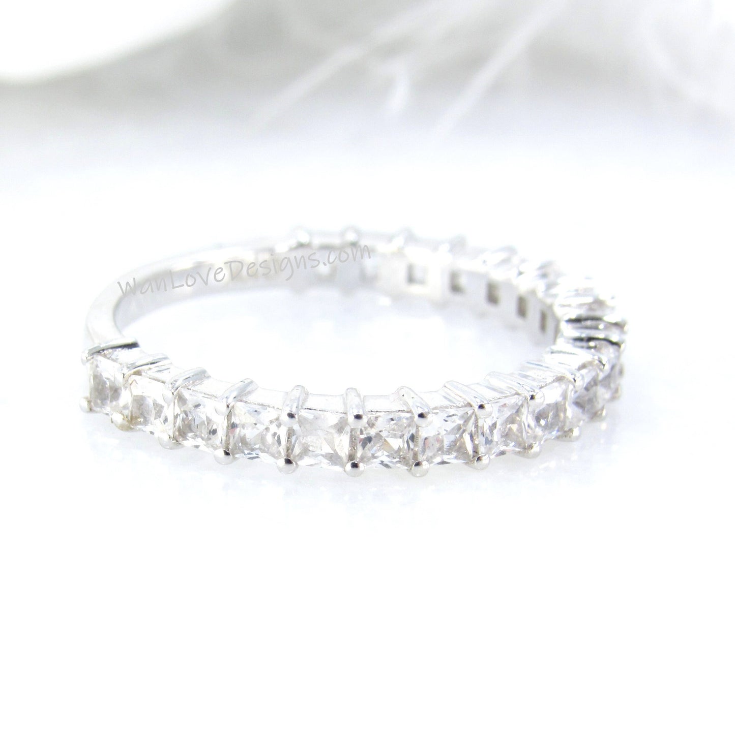 White Sapphire Princess Band, 3/4 Almost Eternity Wedding Band, Stackable Band, Square Ring, Custom, 1.25ct, White Gold Ring, Ready to Ship