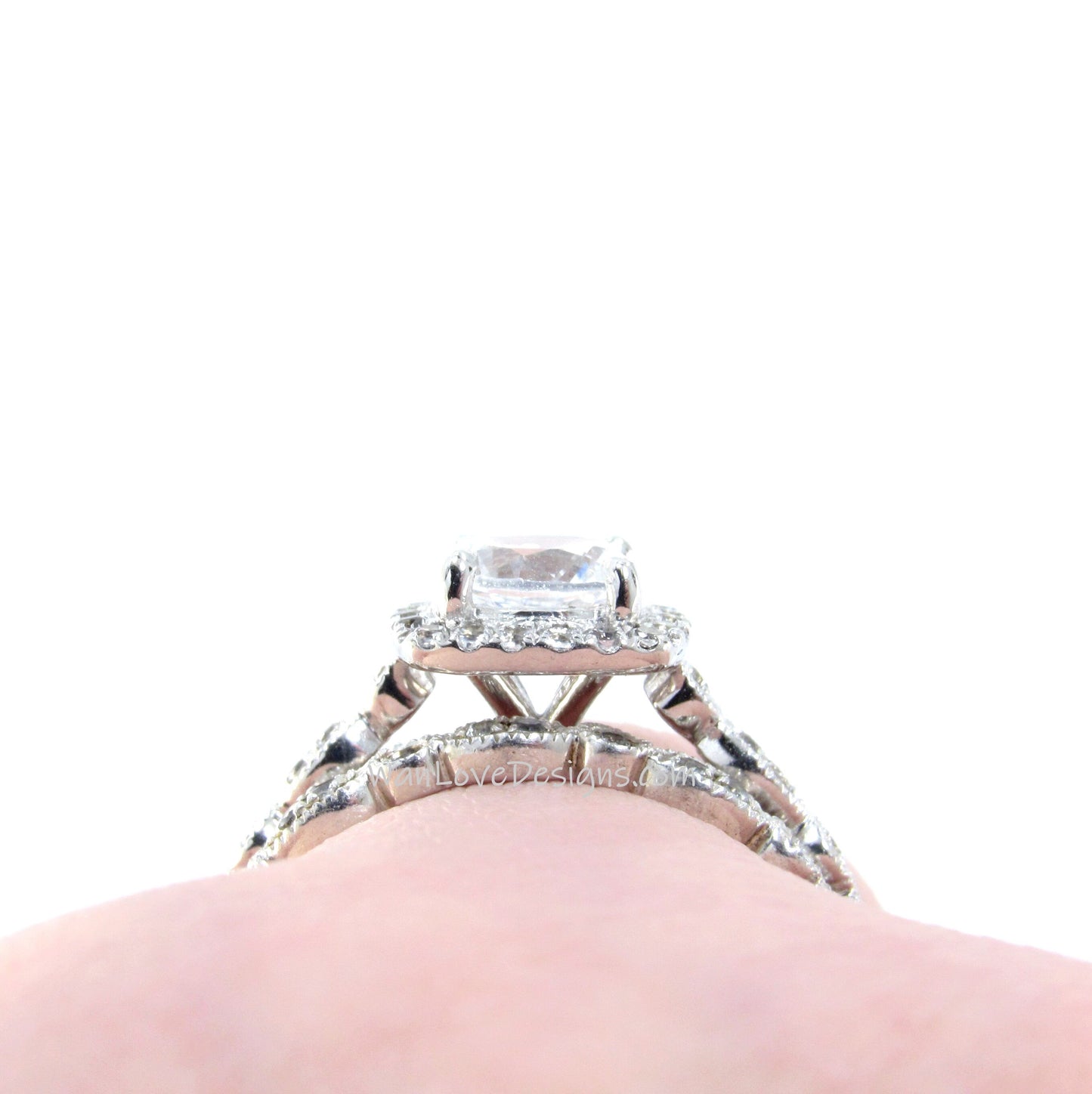 vintage White Sapphire Diamond Cushion Halo Engagement Ring set 1ct antique Milgrain Round Leaf Wedding Band Set promise anniversary set