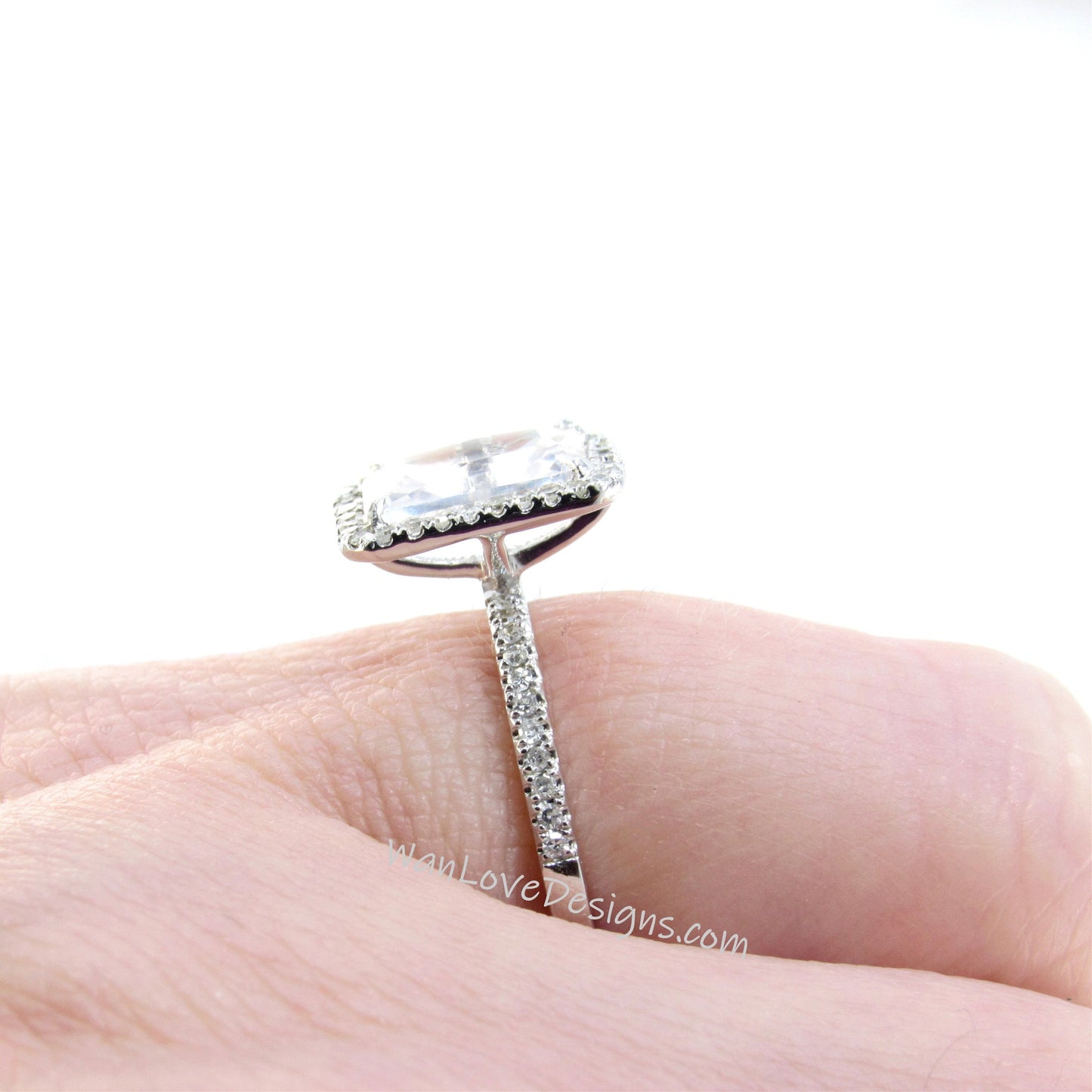 White Sapphire & Diamond Halo Engagement Ring 2ct Radiant diamond white sapphire ring 14k White Gold Wedding Anniversary promise ring-Ready