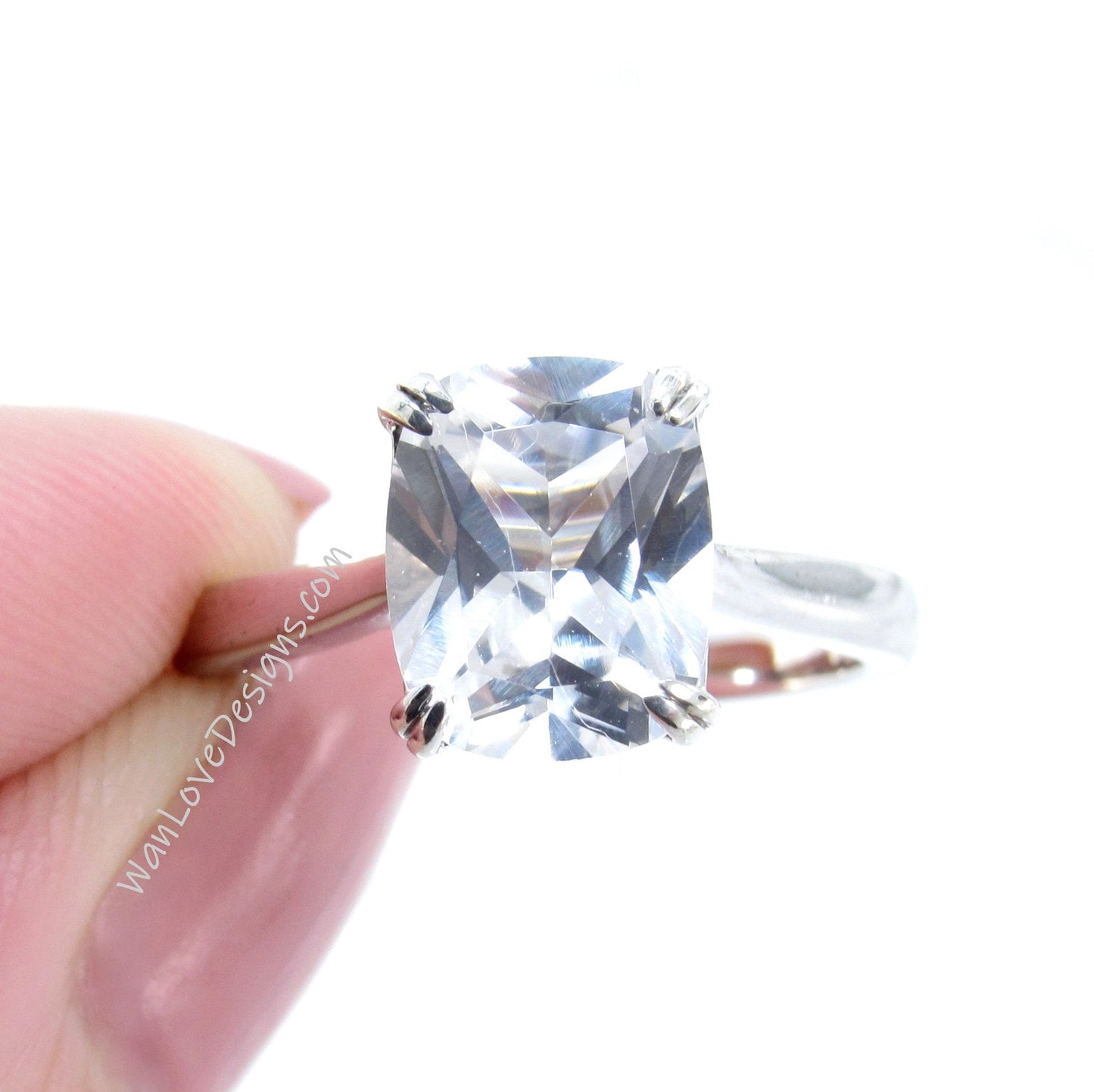 White Sapphire Elongated Cushion Engagement Ring Solitaire 4ct Carat 10x8mm WeddingBridal Ring Promise ring Anniversary Gift-Ready to ship