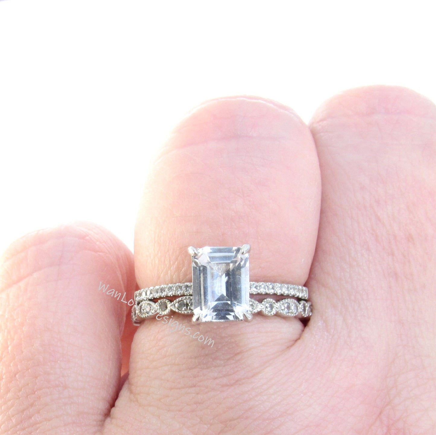 White Sapphire Emerald Engagement Ring Set, Milgrain Leaf Wedding Band, 2ct, 8x6mm, Custom-Anniversary-Ready ship