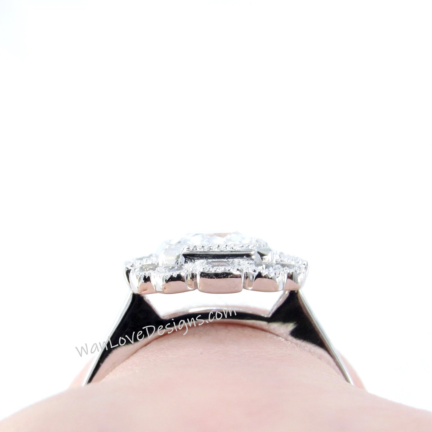 White Gold Emerald Cut White Sapphire Ring, Princess Round Cut Bezel Halo, Plain Smooth Band, Bezel Setting Center Gemstone, Ready to Ship