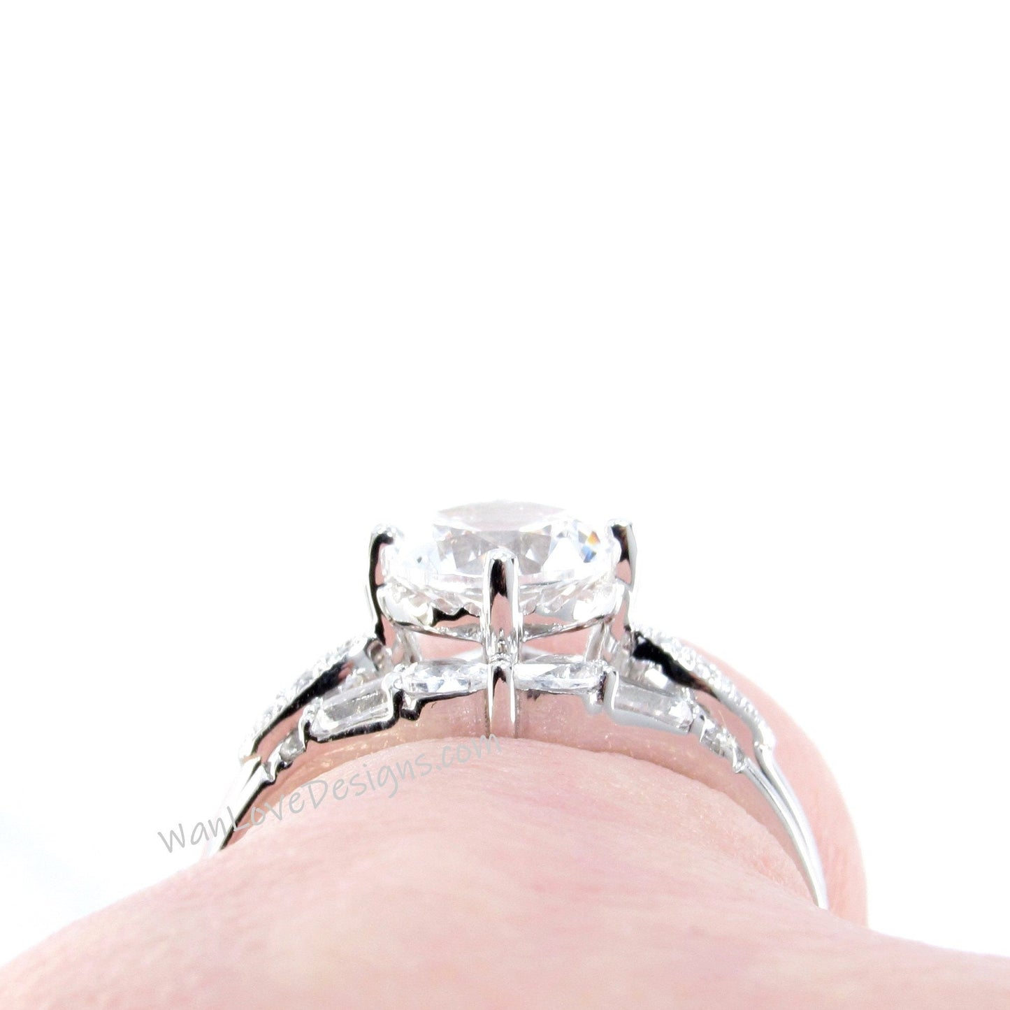 White Sapphire Engagement Ring Set curved matching Baguette Pear Round Wedding Band 1.5ct round sapphire White Gold bridal ring set-Ready